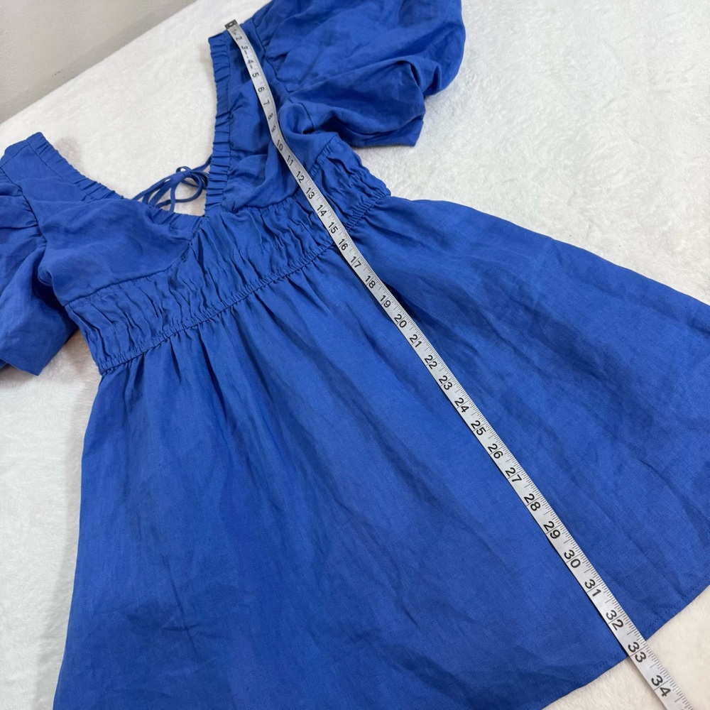 NEW Amalie the Label by Showpo Khaila LInen Lunge Puff Sleeve Mini Dress Blue 6 - Picture 13 of 15